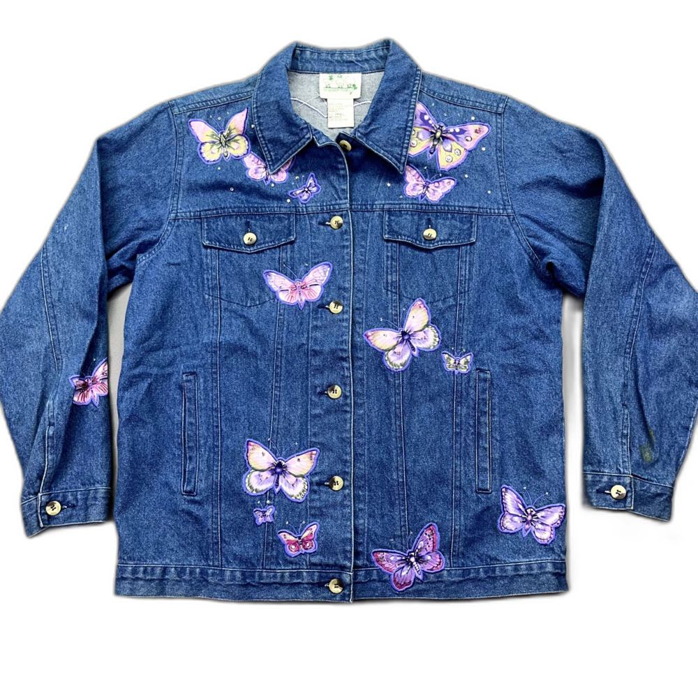 The Quaker Factory Rhinestone Butterfly Embellished Denim Trucker Jacket Sz S